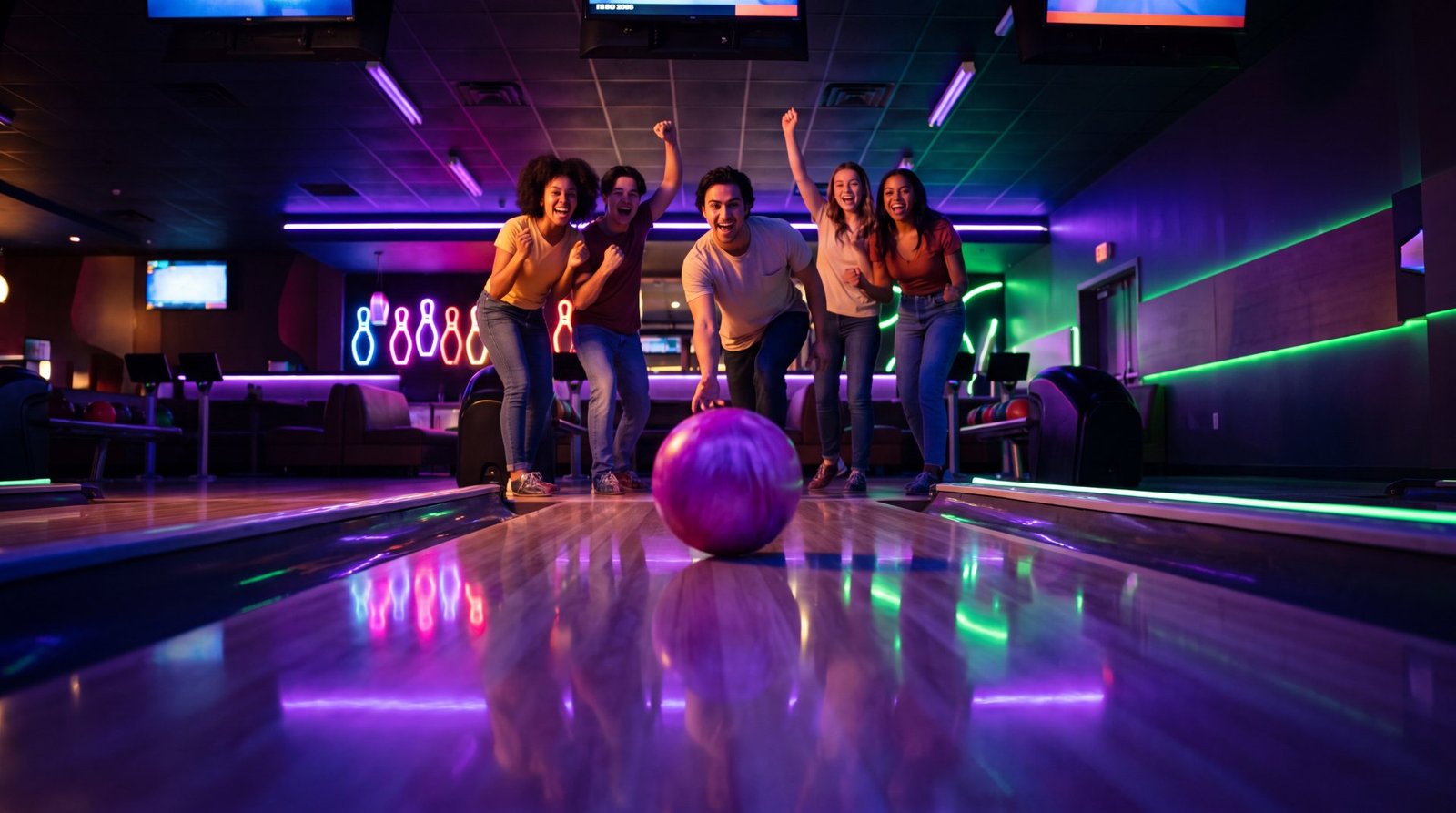 Piste de bowling néon du Crystana lors d'une soirée d'entreprise